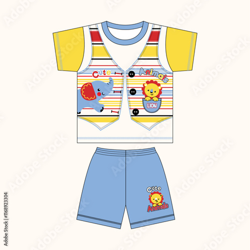 PrintCute boy t-shirt and shorts set with colorful funny vector cartoon images for kids photo