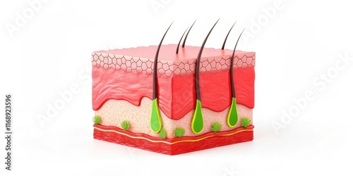 A 3D illustration of skin layers, showing hair follicles, sebaceous glands, and connective tissue in a colorful, detailed representation.