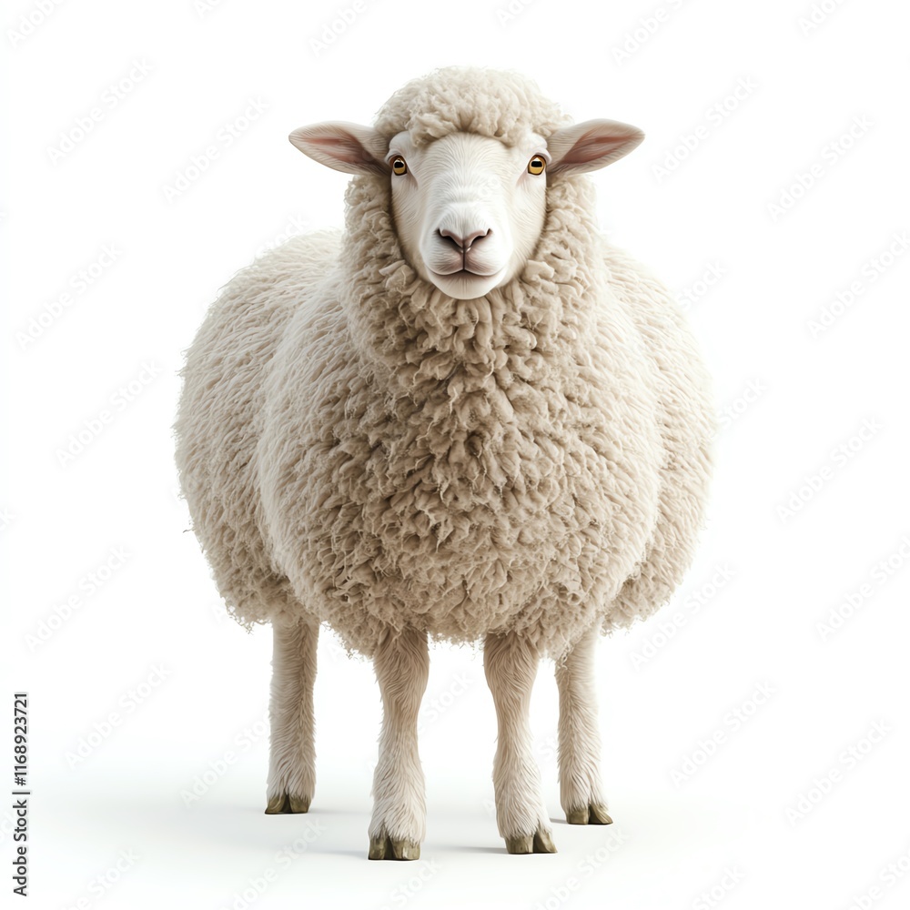 A fluffy white sheep stands upright, showcasing its thick wool and gentle expression against a clean, neutral background. A fluffy white sheep stands upright, showcasing its thick wool and gentle expression against a clean, neutral background.