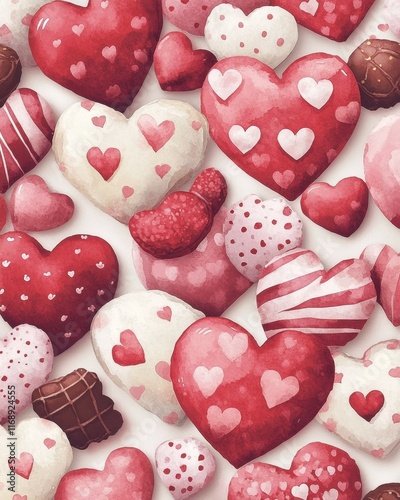 Felt 3D Valentine’s Day hearts on a light-colored background with scattered smaller hearts.