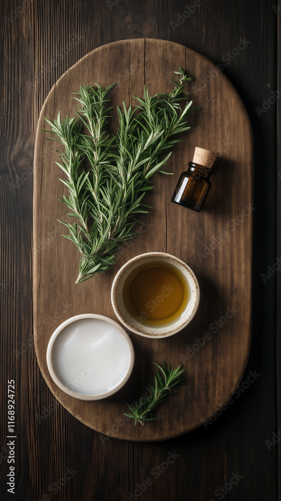 Flat lay view of fresh rosemary sprigs with bowls of olive oil and coconut milk on wooden board