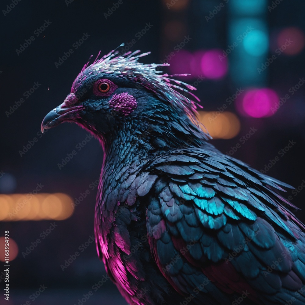 A cyberpunk-themed pigeon with metallic and glowing neon feathers. A cyberpunk-themed pigeon with metallic and glowing neon feathers.
