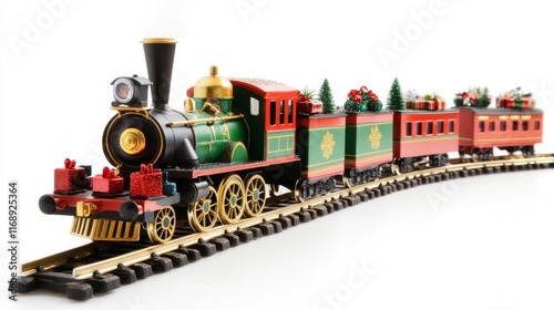 Red toy train carrying a christmas tree, festive holiday scene red