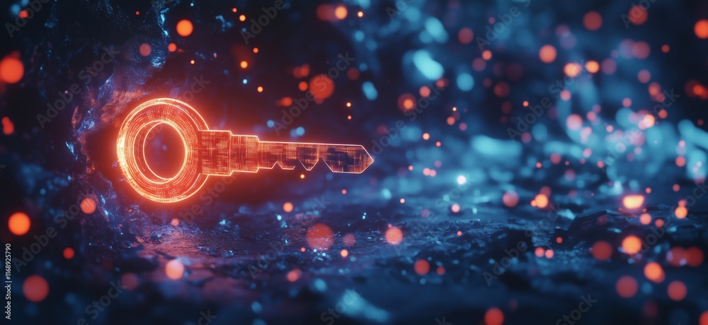 Glowing digital key illuminated in dark environment with vibrant particles, representing security and technology, copy space for text Glowing digital key illuminated in dark environment with vibrant particles, representing security and technology, copy space for text