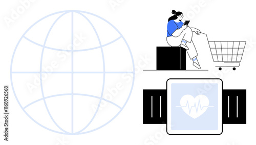 Large globe with grid lines, woman using smartphone by shopping cart, smartwatch displaying heartbeat. Ideal for e-commerce, digital health, global communication, remote work, technology, health