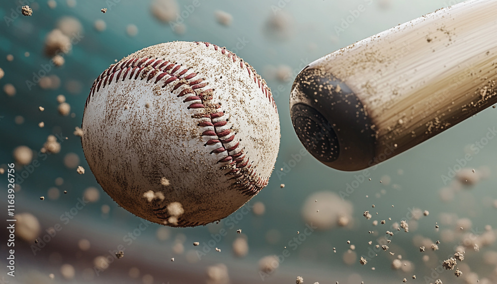 A high-definition capture of a baseball bat striking a ball, with stadium and dust particles vividly depicted A high-definition capture of a baseball bat striking a ball, with stadium and dust particles vividly depicted