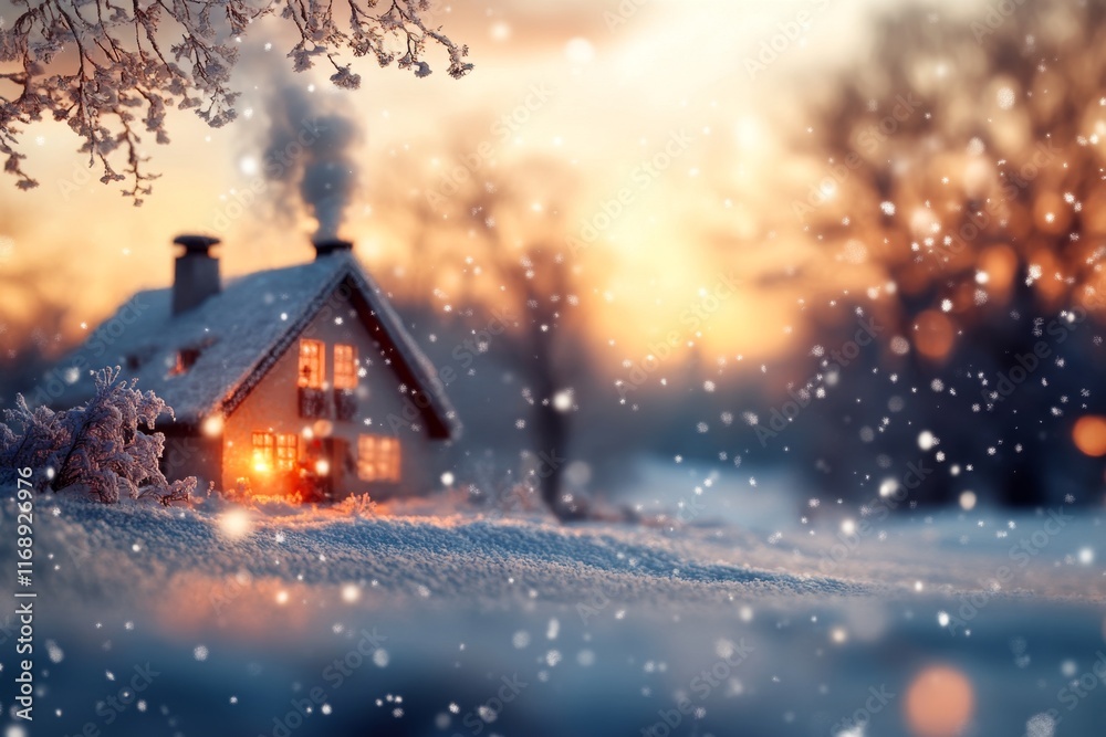 Fototapeta premium A 3D-rendered izba surrounded by a snowy landscape, with smoke rising from the chimney in high detail