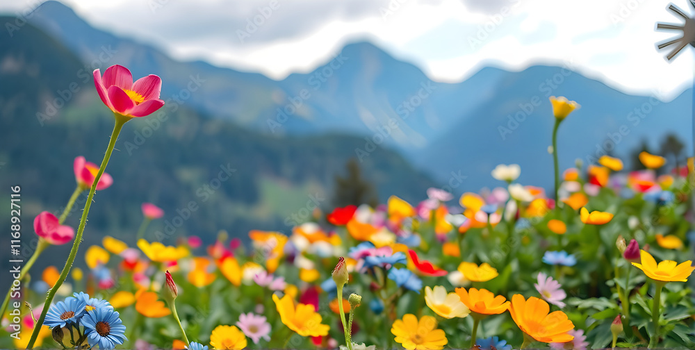 Fototapeta premium A flower meadow in mountains with the foreground sharp wildflower and a flower meadow behind that remains blurred.