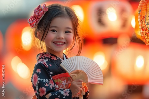 A Japanese girl in a yukata holding a paper fan, smiling during a summer festival surrounded by glowing lanterns