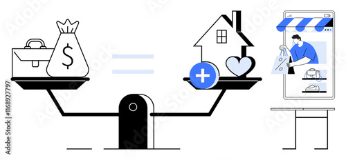 Scale balances money bag and briefcase with house, heart, and plus sign beside online property service on desktop monitor. Ideal for finance, investment, real estate, equality, decision-making