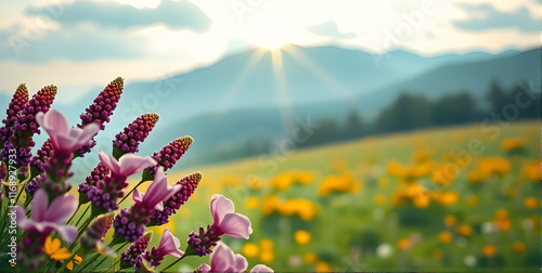 A flower meadow in mountains with the foreground sharp wildflower and a flower meadow behind that remains blurred.