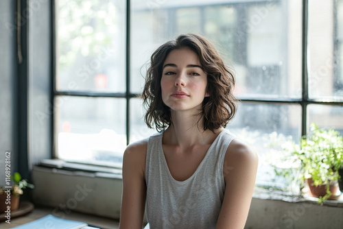 Free Download Young woman meditating sitting on a yoga mat near a big window - GFXLoad