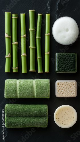 Flat lay arrangement of bamboo and spa essentials on a black stone surface photo