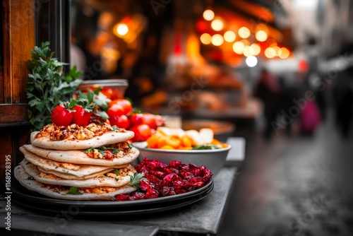 A bustling evening in Jerusalem Mahane Yehuda Market, with colorful lights, food stalls, and lively crowds photo