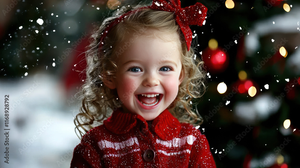 Happy girl in red sweater smiling with snowflakes falling around her Happy girl in red sweater smiling with snowflakes falling around her