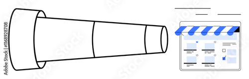 Telescope extending towards an online storefront with a striped awning to explore products. Ideal for business strategy, digital marketing, e-commerce, customer insight, market analysis, product