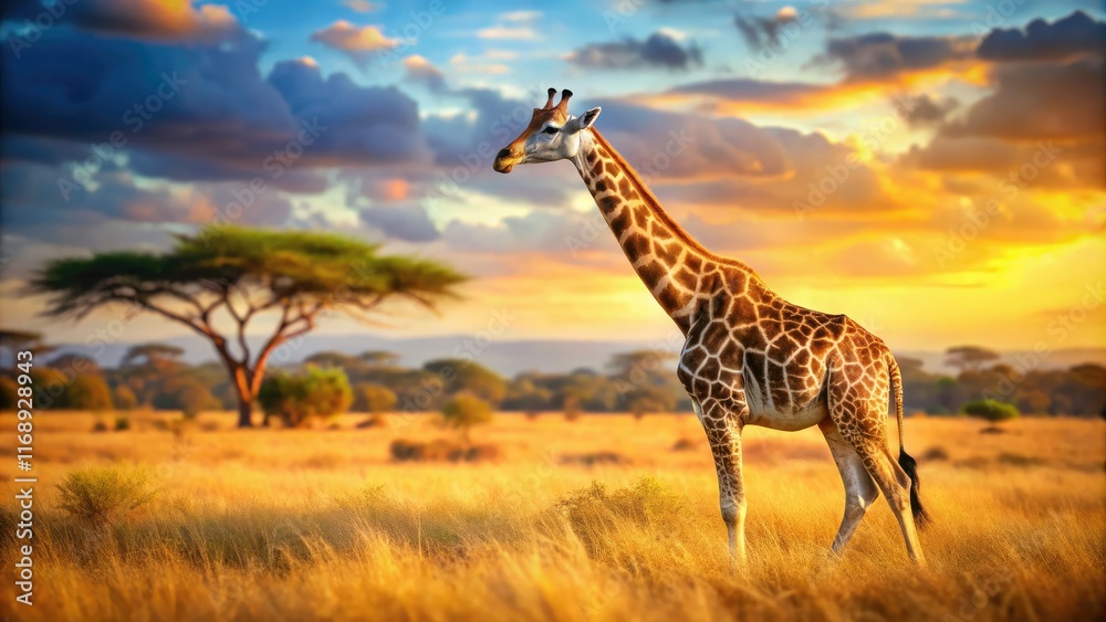 Obraz premium Giraffe Tilt-Shift Savannah, Wildlife Photography, AI Art