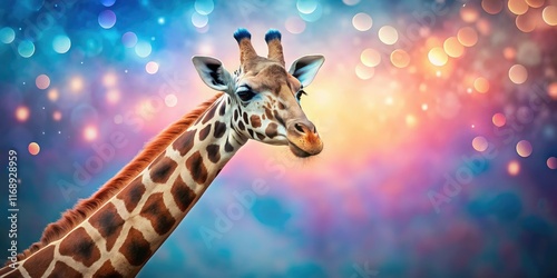 Giraffe Blue Pink Bokeh AI Photo, Stunning Wildlife, Artistic Bokeh Effect