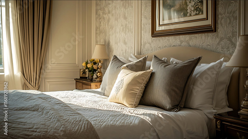 Luxurious and serene intrcately designed english country bedroom with an elegant calming designThe walls are covered with a sophisticated chinioserie wallpaper stylish photo