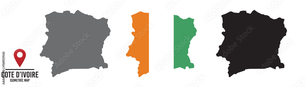 Set of different maps with national flags of Cote D'ivoire. Set of different maps with national flags of Cote D'ivoire.