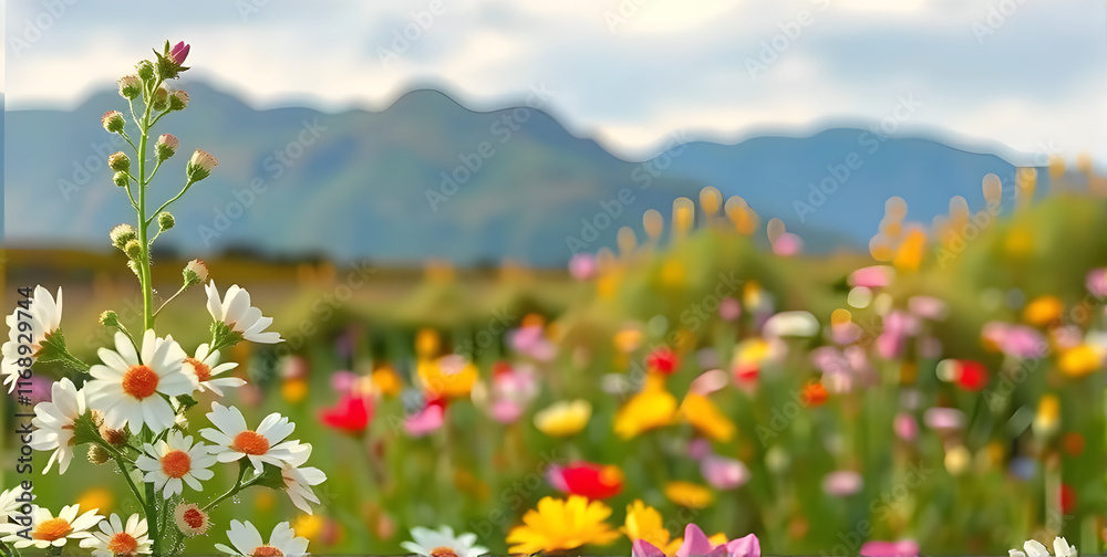 A flower meadow in mountains with the foreground sharp wildflower and a flower meadow behind that remains blurred. A flower meadow in mountains with the foreground sharp wildflower and a flower meadow behind that remains blurred.