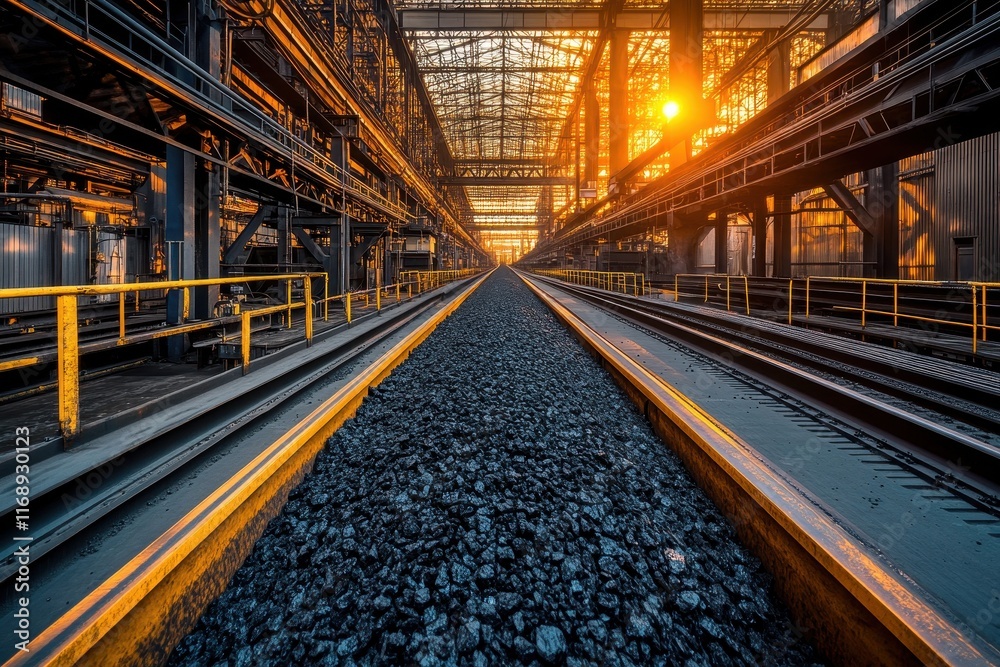 Sunset view of industrial railway tracks. Illustrates heavy industry, transport, and logistics. Sunset view of industrial railway tracks. Illustrates heavy industry, transport, and logistics.