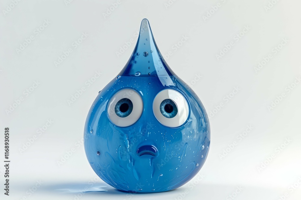 Anthropomorphic blue water droplet with large expressive eyes on a white background. 3D illustration. Anthropomorphic blue water droplet with large expressive eyes on a white background. 3D illustration.