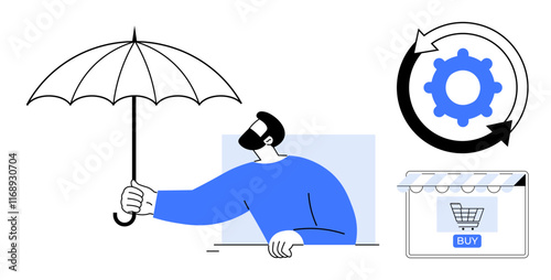 Man holding umbrella symbolizing protection, beside e-commerce shop and gear with recycling arrows indicating processes. Ideal for insurance, e-commerce, protection, process management, customer