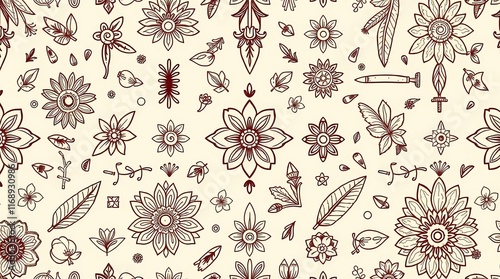 Floral Doodle Pattern: A whimsical and intricate pattern of hand-drawn flowers, leaves, and abstract shapes in a delicate brown hue. perfect for adding a touch of boho charm to your designs. 