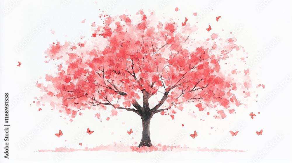 Fototapeta premium Pink Cherry Blossom Tree Watercolor Painting 