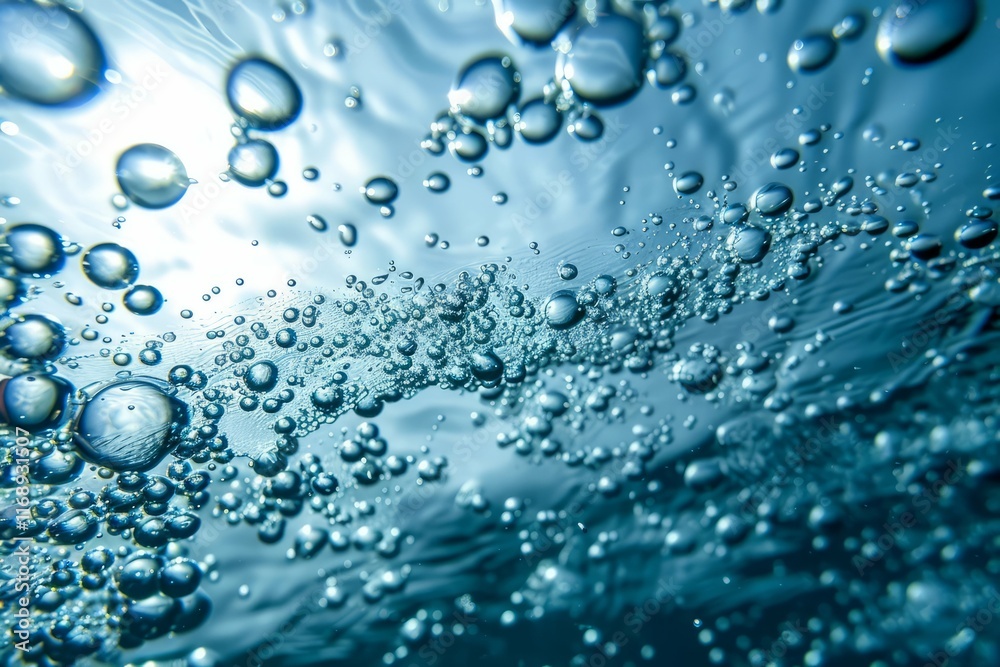 Underwater view of bubbles rising to the surface in clear blue water. Macro photography of aquatic motion.