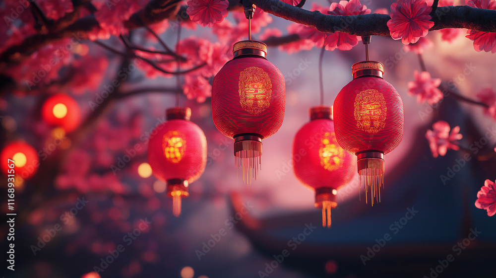 Hanging red Chinese lanterns surrounded by cherry blossoms, symbolizing beauty, harmony, and prosperity for traditional Chinese New Year cultural celebrations and festive themes.