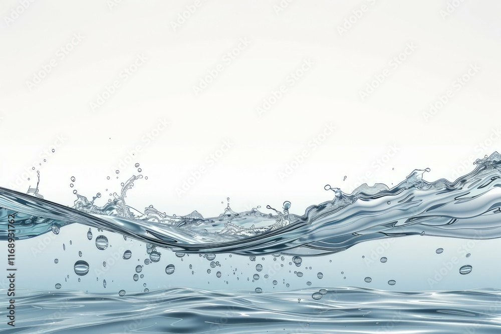 Close-up view of water surface with ripples, bubbles, and waves against a bright white background. Close-up view of water surface with ripples, bubbles, and waves against a bright white background.