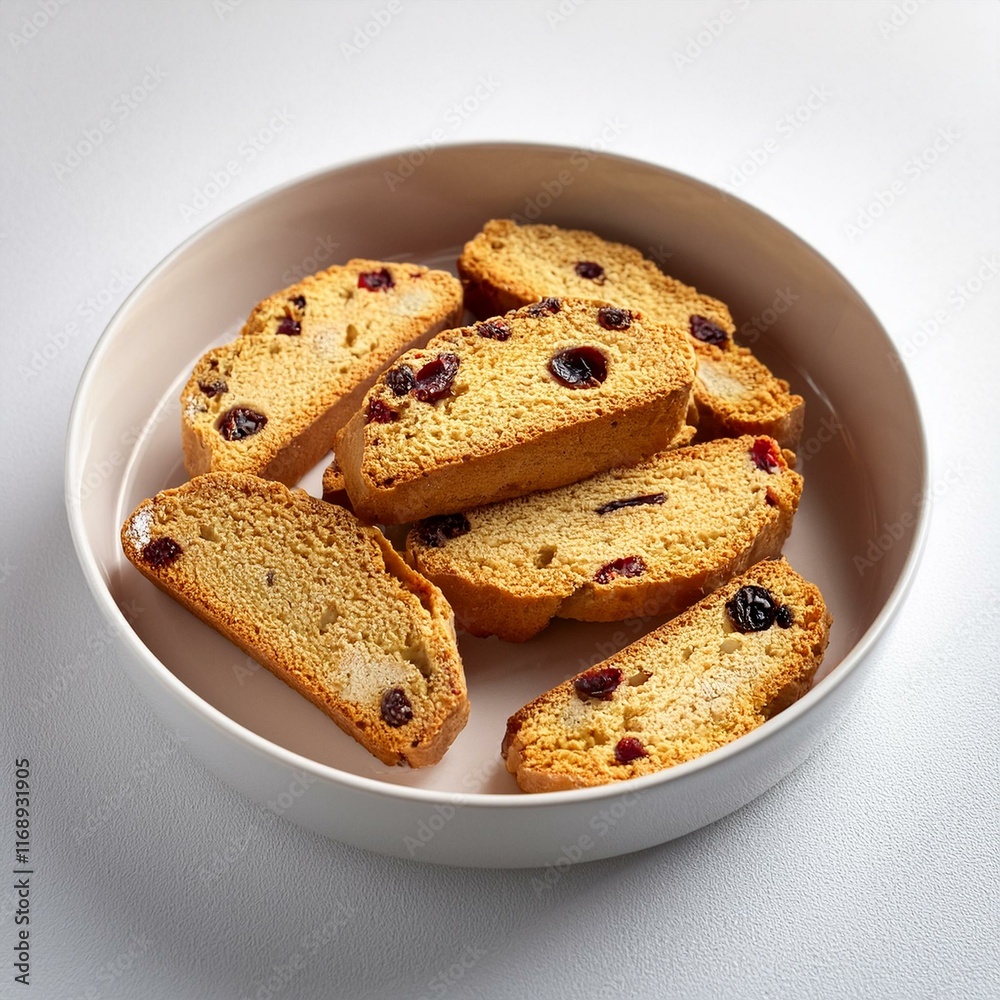 Golden Biscotti with Dried Cranberries on Clean White Backdrop Golden Biscotti with Dried Cranberries on Clean White Backdrop