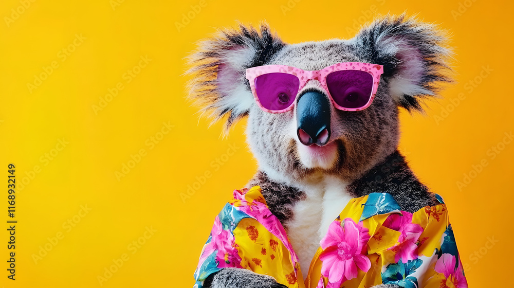 Fototapeta premium Creative animal concept. Koala, vibrant bright fashionable outfits isolated on solid background advertisement with copy space. birthday party invite invitation banner