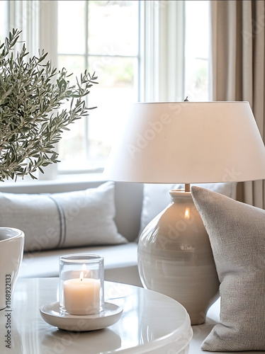 A closeup shot of the corner table in front with a glass top and white base placed on it is an elegant lamp that casts soft light onto its surface The background featur photo