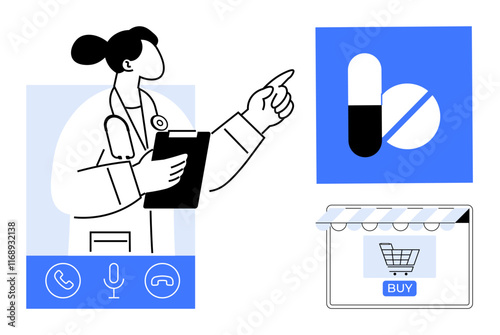 Doctor pointing, clipboard in hand, next to video call icons, pharmacy pills, and online shopping cart. Ideal for telehealth, healthcare technology, online consultation, digital pharmacy e-commerce