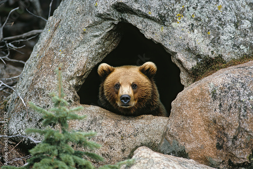 Brown bear (Ursus arctos) looks out of its den in the woods under a large rock in wintertime photo