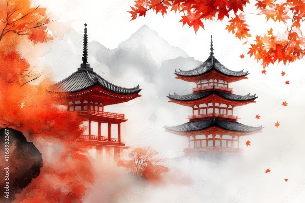Fototapeta premium A dreamy watercolor of a Japanese temple during autumn, with orange and red leaves cascading around it