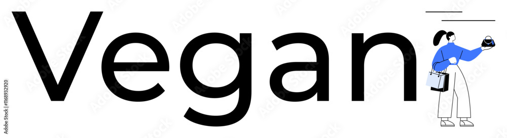 Bold black Vegan text, human character reaching up to hold plant-based food in minimalist style. Ideal for veganism, healthy lifestyle, sustainability, plant-based diet, eco-conscious living, ethical Bold black Vegan text, human character reaching up to hold plant-based food in minimalist style. Ideal for veganism, healthy lifestyle, sustainability, plant-based diet, eco-conscious living, ethical