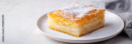 Delicious traditional greek galaktoboureko dessert with powdered sugar photo