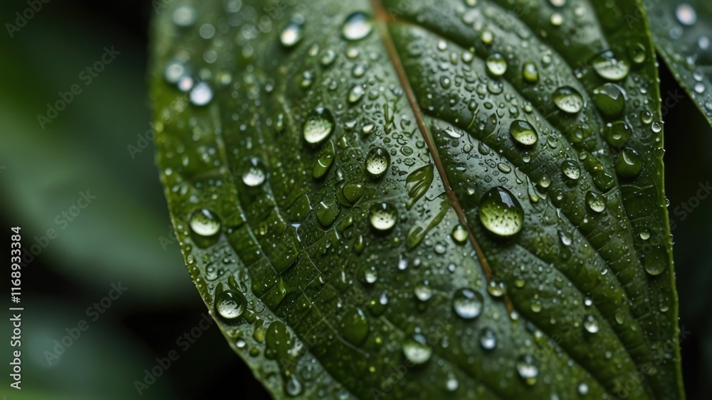 Close-up of Water Droplets on a Green Leaf in Natural Setting Close-up of Water Droplets on a Green Leaf in Natural Setting