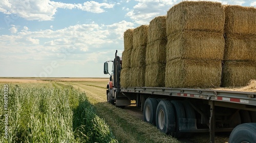 Hay bales transport on flatbed truck across field.