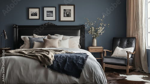 A cozy vintageinspired bedroom featuring a dark elegant headboard similar to a castiron fireplace with muted grayblue walls The bed has plush pillows and warm layered b photo