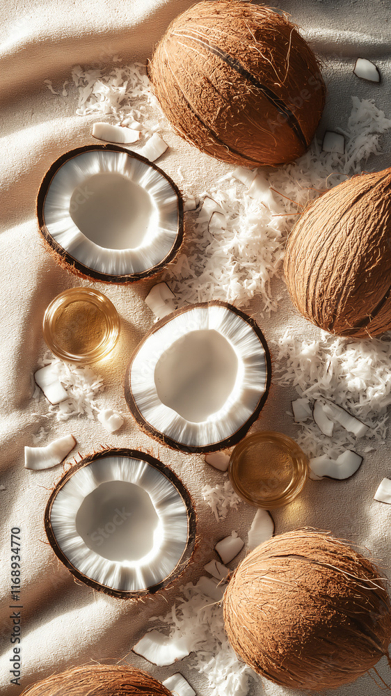 Coconuts and coconut oil arranged on a soft background in a decorative flat lay