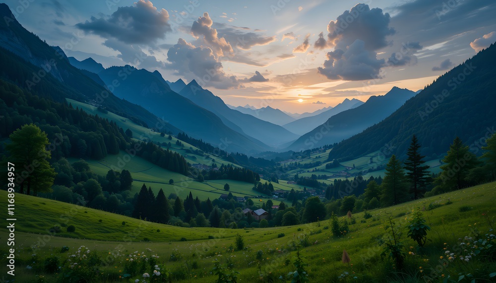 Green Valley Evening Wallpaper with Serene Landscape Generative AI Green Valley Evening Wallpaper with Serene Landscape Generative AI