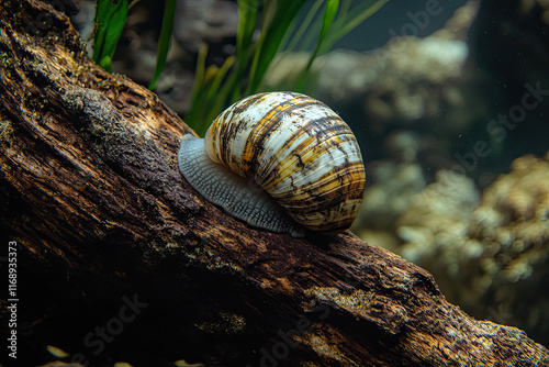 Snail on a Wooden Log. Macro photo of snails. Crustaceans and molluscs photo