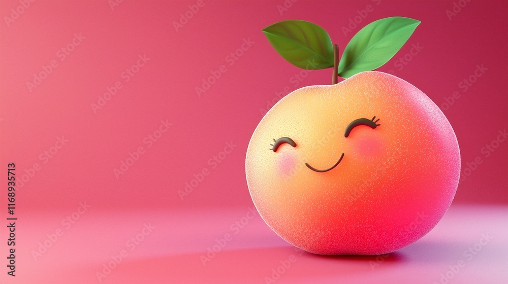 Happy peach cartoon, pink background, studio shot, food illustration