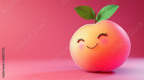 Happy peach cartoon, pink background, studio shot, food illustration