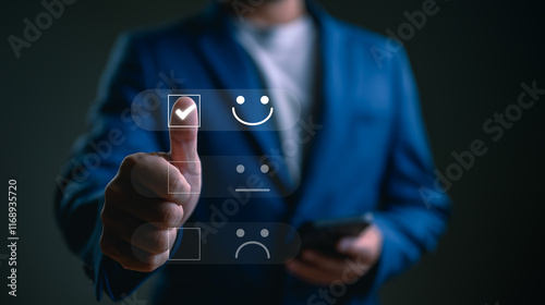 Hand thumb up and chose happy smile relax face, good feedback rating, think positive, customer review, assessment, satisfaction, world mental health day, Calm mood, good mental health, good mood.